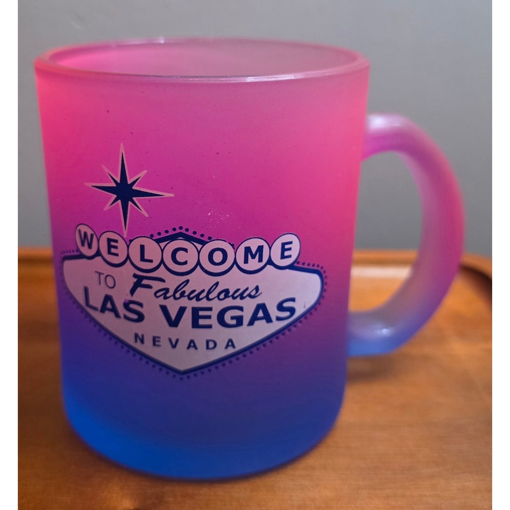 Las Vegas Souvenir Frosted Glass Mug Pink Blue Ombre Gradient Coffee Cup